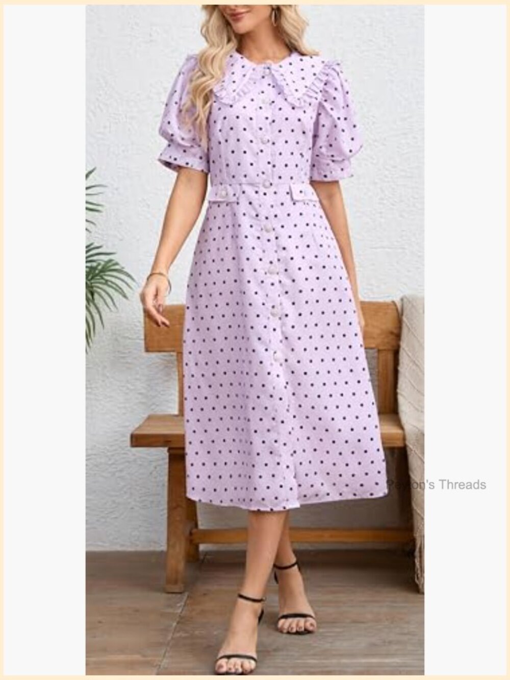 Puff Sleeve Peter Pan Collar Polka Dot Midi Dress with Pockets - Picture 5 of 7